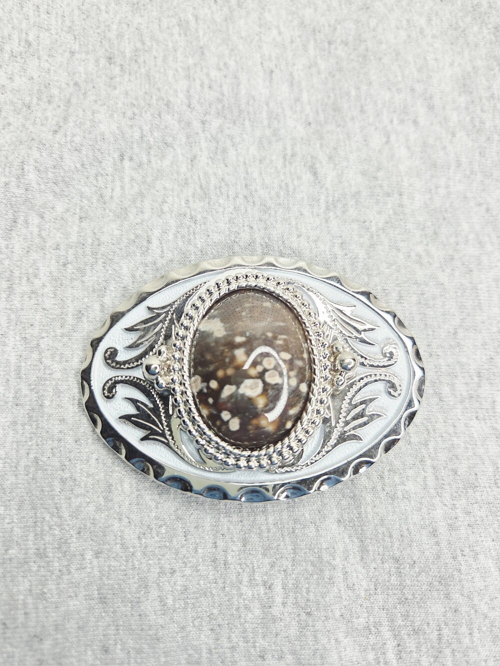 Vintage Poppy Jasper Cabochon White Enamel Oval Belt Buckle